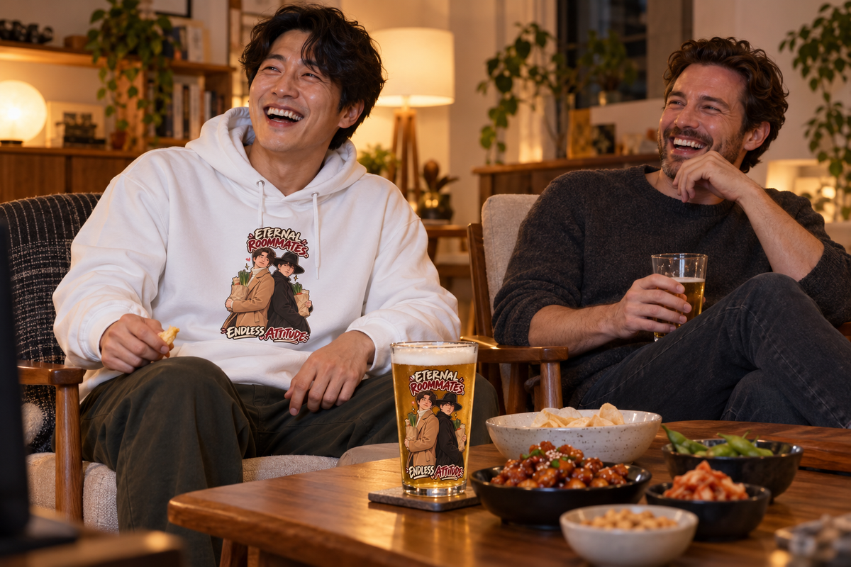 Two friends laughing at a drama with an Eternal Roommates hoodie and matching somaek glass.