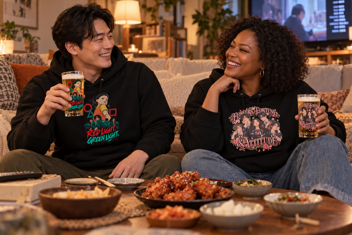 Friends sharing Korean food in different K-drama hoodies with matching somaek glasses.