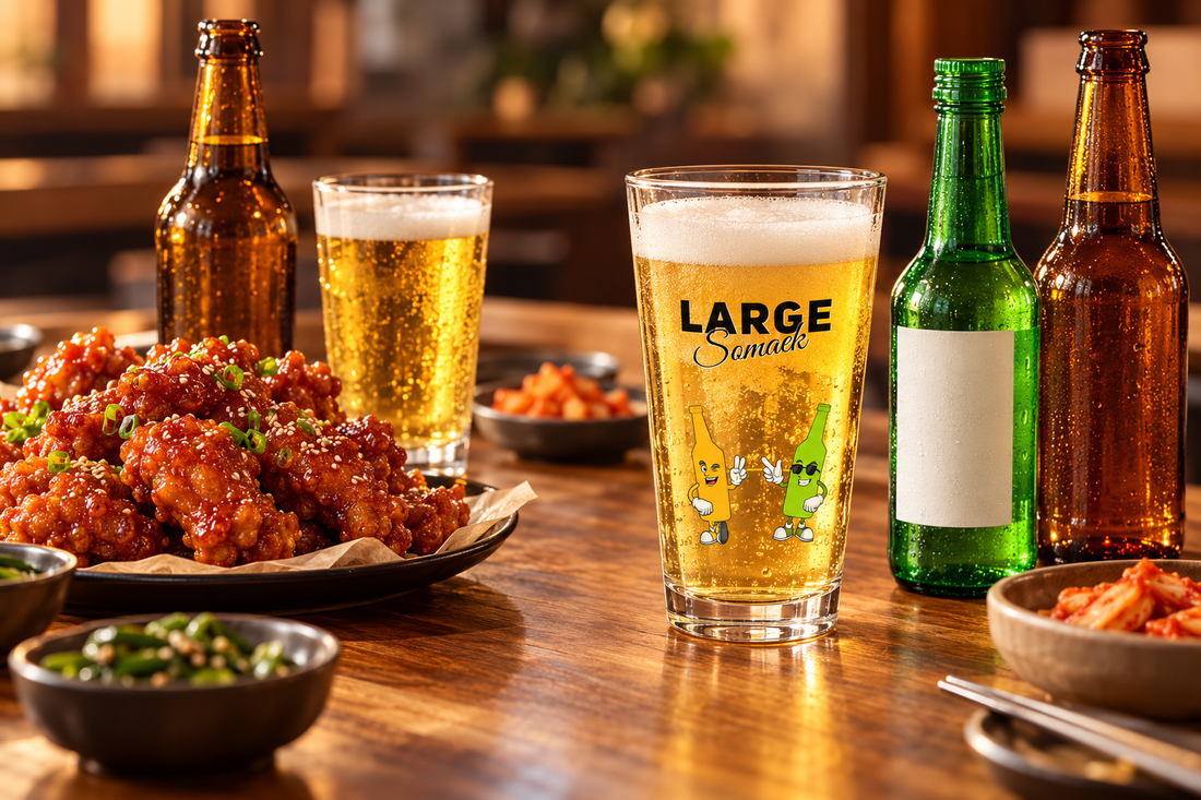 Chicken and beer beside soju, beer and a Large Somaek glass.