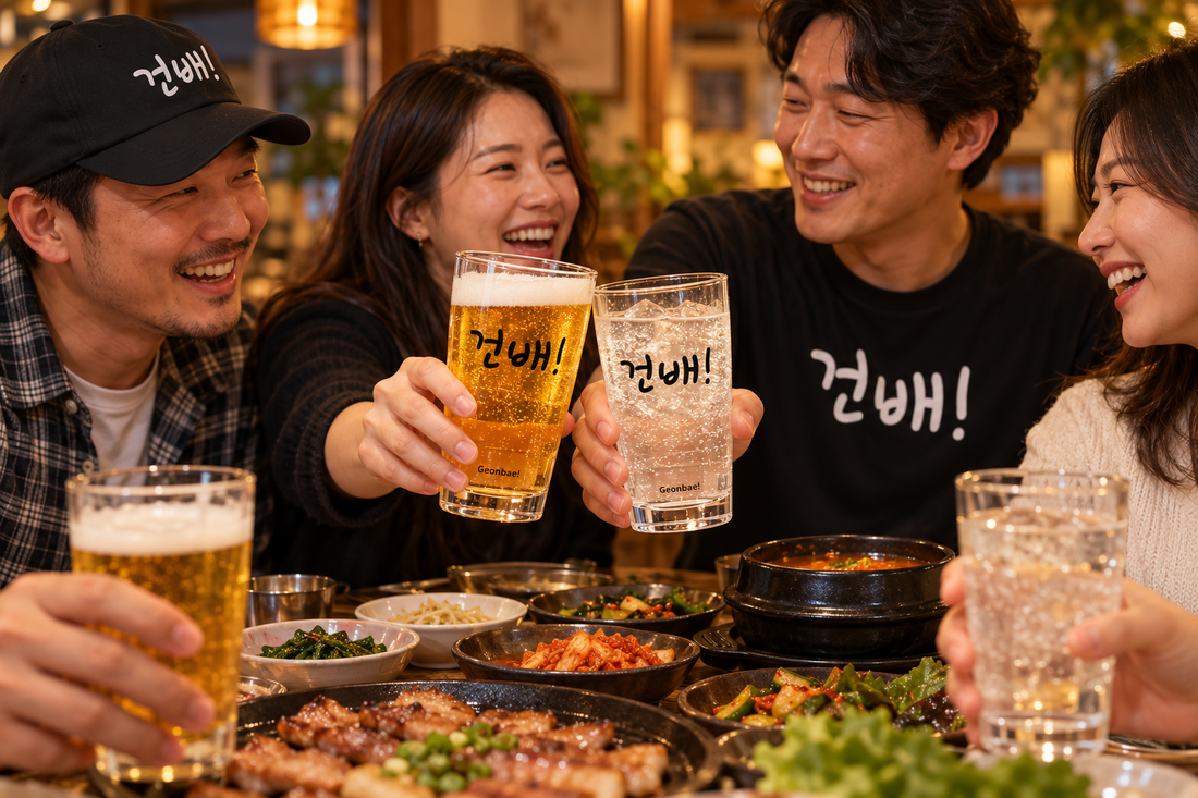 Friends share a toast with Geonbae glasses and matching apparel
