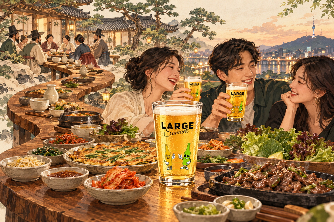Illustrated winding Korean food table connecting past and present