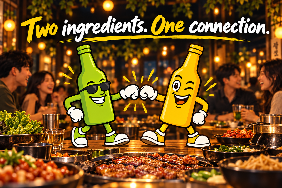 Large Somaek’s green soju and yellow beer characters fist-bump at a Korean barbecue table.