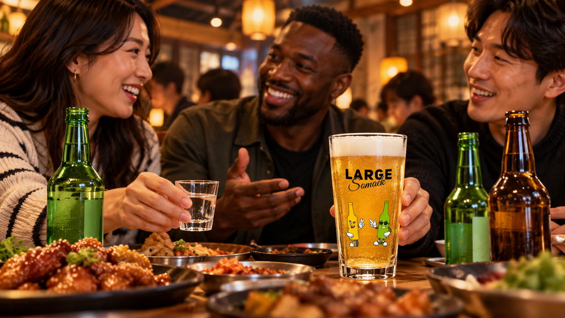 Adult friends sharing Korean food, with clear soju in a small glass and soju mixed with beer in a Large Somaek glass.