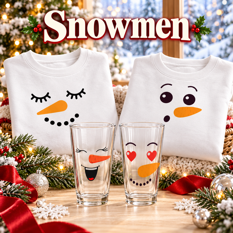 Snowmen glasses and white sweatshirts in a bright winter setting
