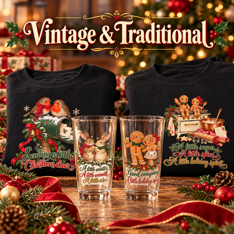 Vintage & Traditional holiday glasses and sweatshirts