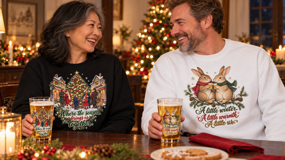 Adults sharing a holiday toast with vintage village and rabbit designs on glasses and sweatshirts.