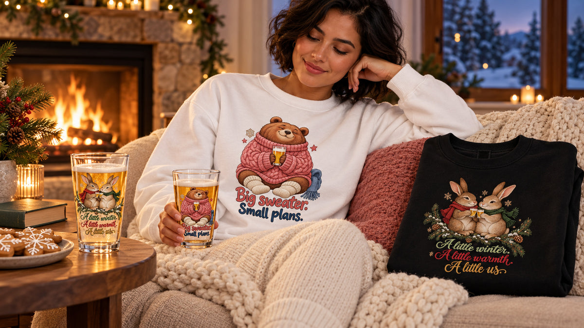 A cozy evening with bear and rabbit somaek glasses and matching white and black sweatshirts.