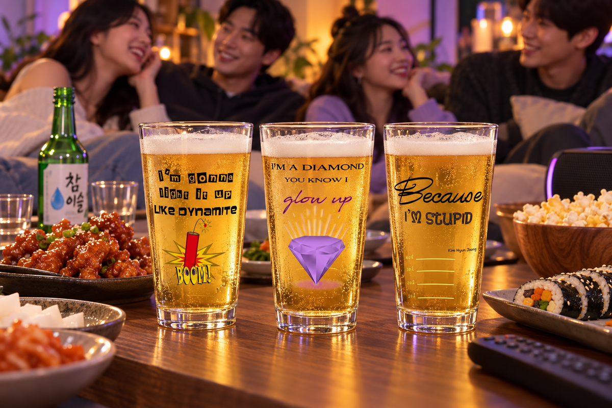 Dynamite, Army Purple Diamond, and Boys Over Flowers inspired glasses on a coffee table during a night with friends.