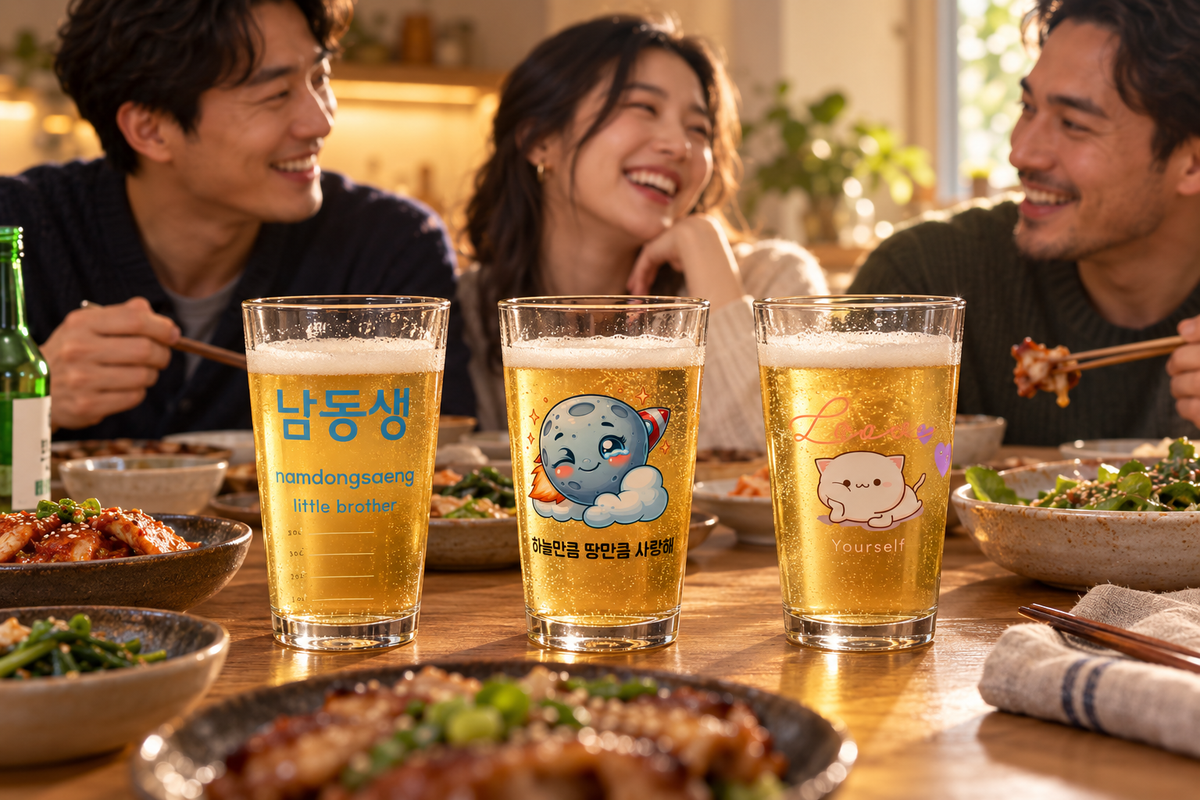 Little Brother, Moon and Back, and Love Yourself Kitty somaek glasses at a warm shared dinner table.