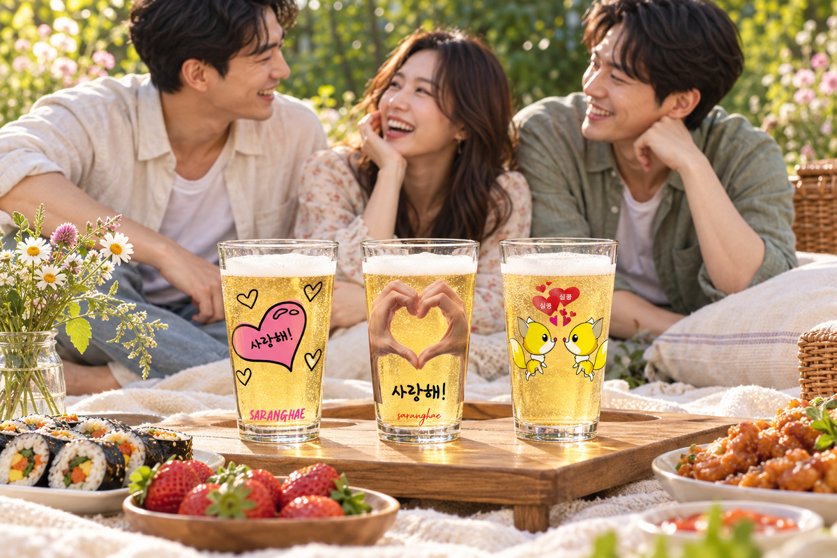 Pink Heart, Saranghae hand-heart, and Simkung fox glasses at a sunny garden picnic with friends.