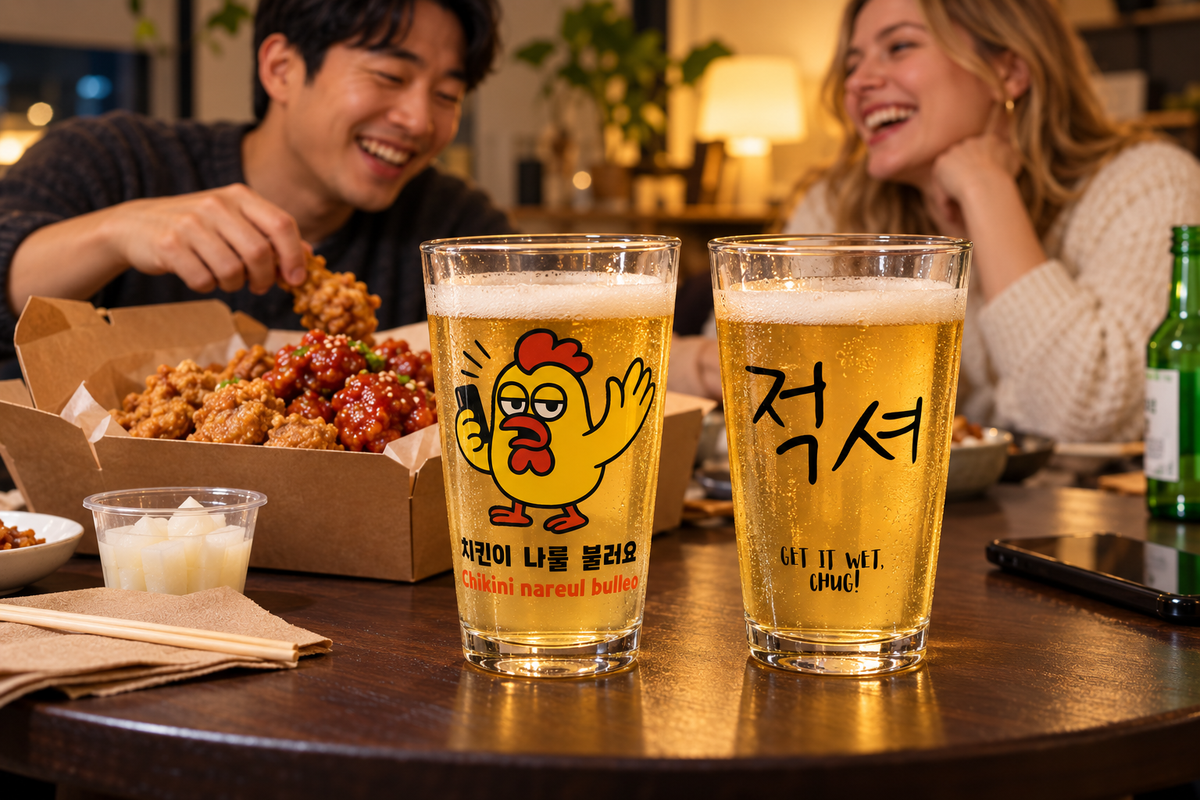 Sarcastic Chicken Calling and Jeoksyeo somaek glasses beside Korean fried chicken takeout with two friends laughing.