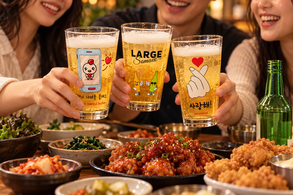 Friends sharing Korean food and a toast with Chicken Calling, Large Somaek Logo, and Saranghae Finger Heart glasses.